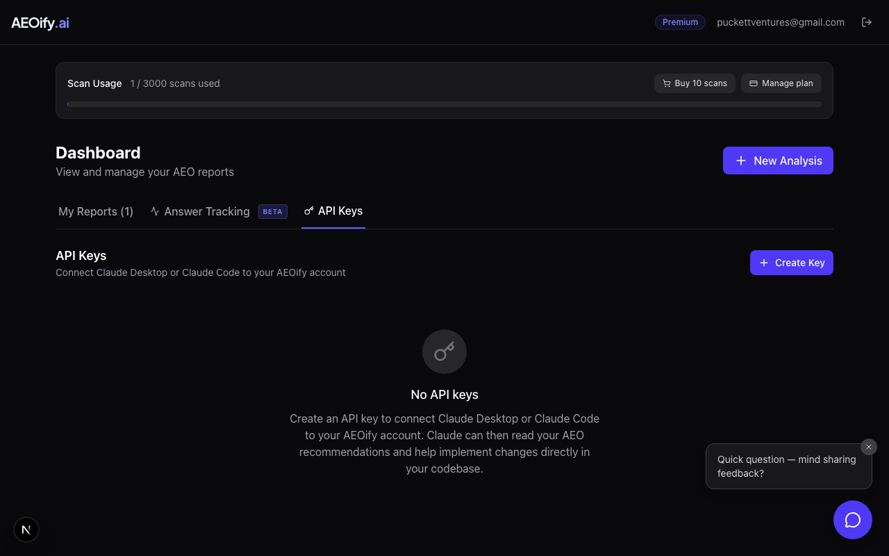 API keys section on dashboard